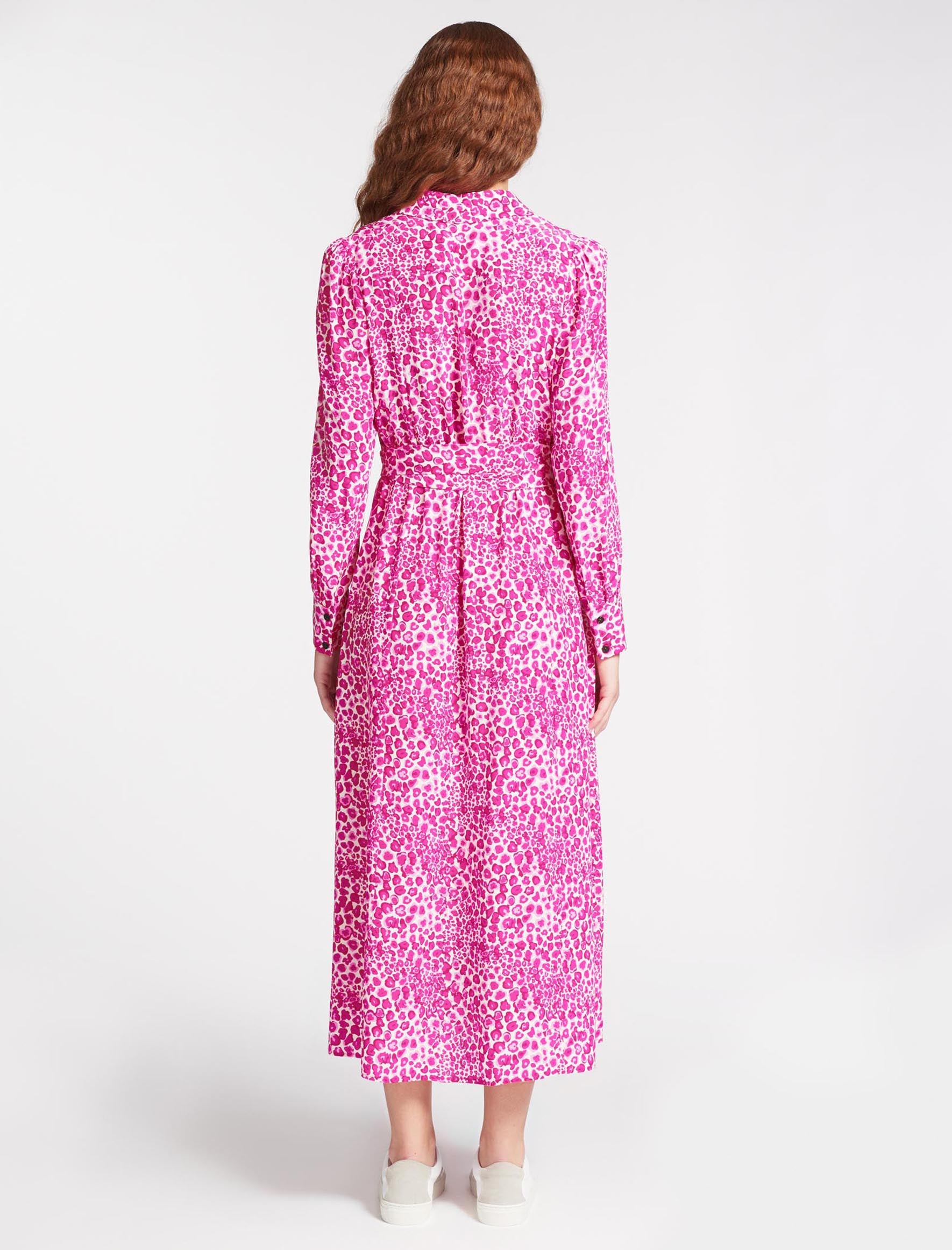 Petra Silk Maxi Shirt Dress with collar and tie waist White Pink Leopard Pansy Print