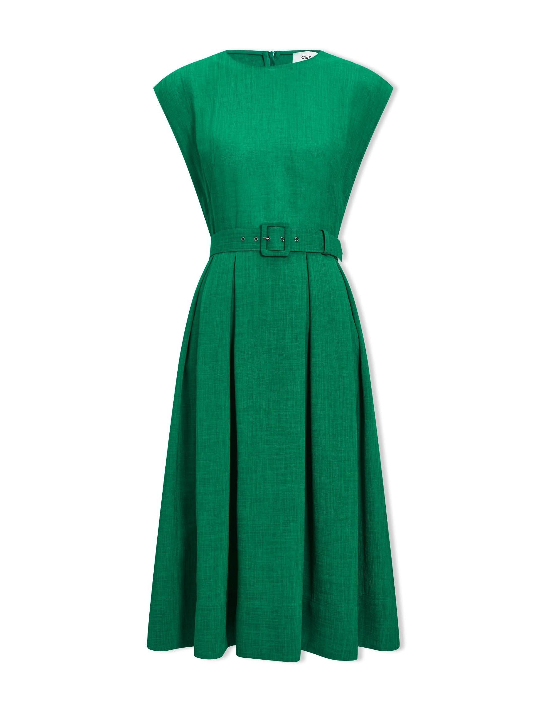 Thandie Techni Voile Box Pleat Midi Dress with Belt - Emerald Green
