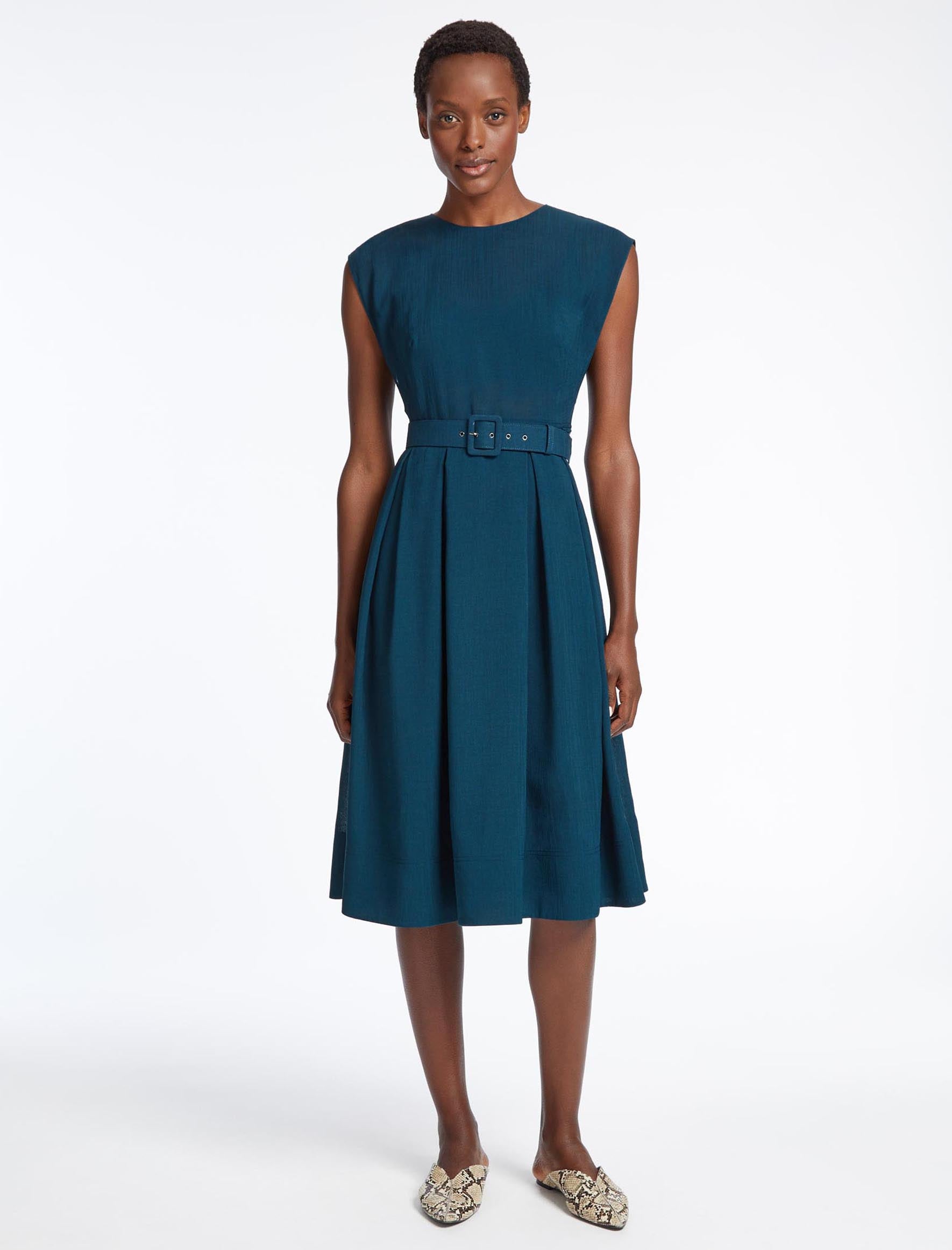 Thandie Techni Voile Box Pleat Midi Dress with Belt Petrol Blue
