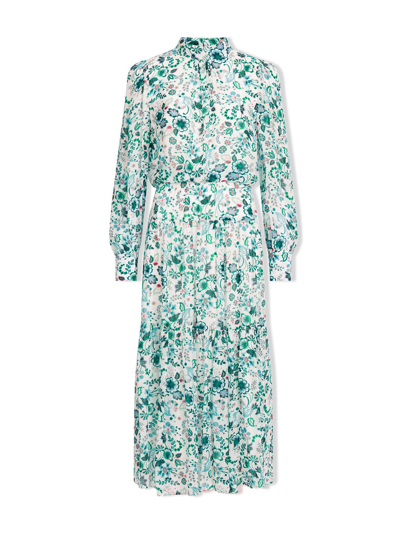 Lorni Floral Printed Tiered High Neck Maxi Dress White Green Large Floral Print