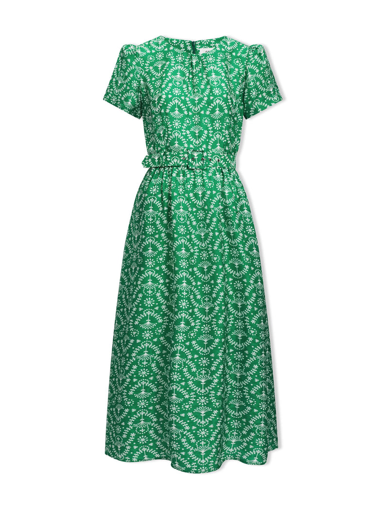 Nina Silk Blend Maxi Dress - Green Broderie Anglaise Print