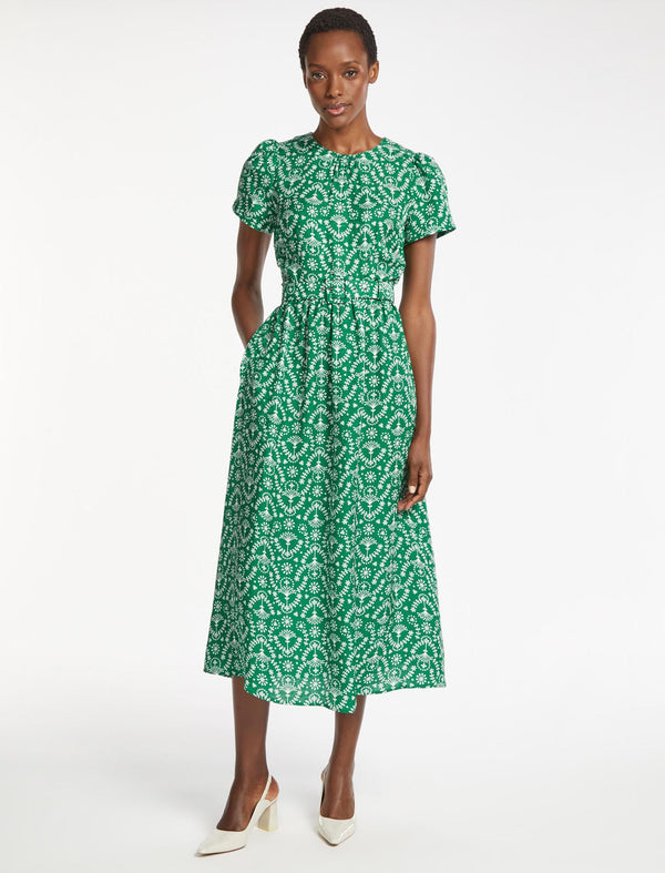 Nina Silk Blend Maxi Dress - Green Broderie Anglaise Print