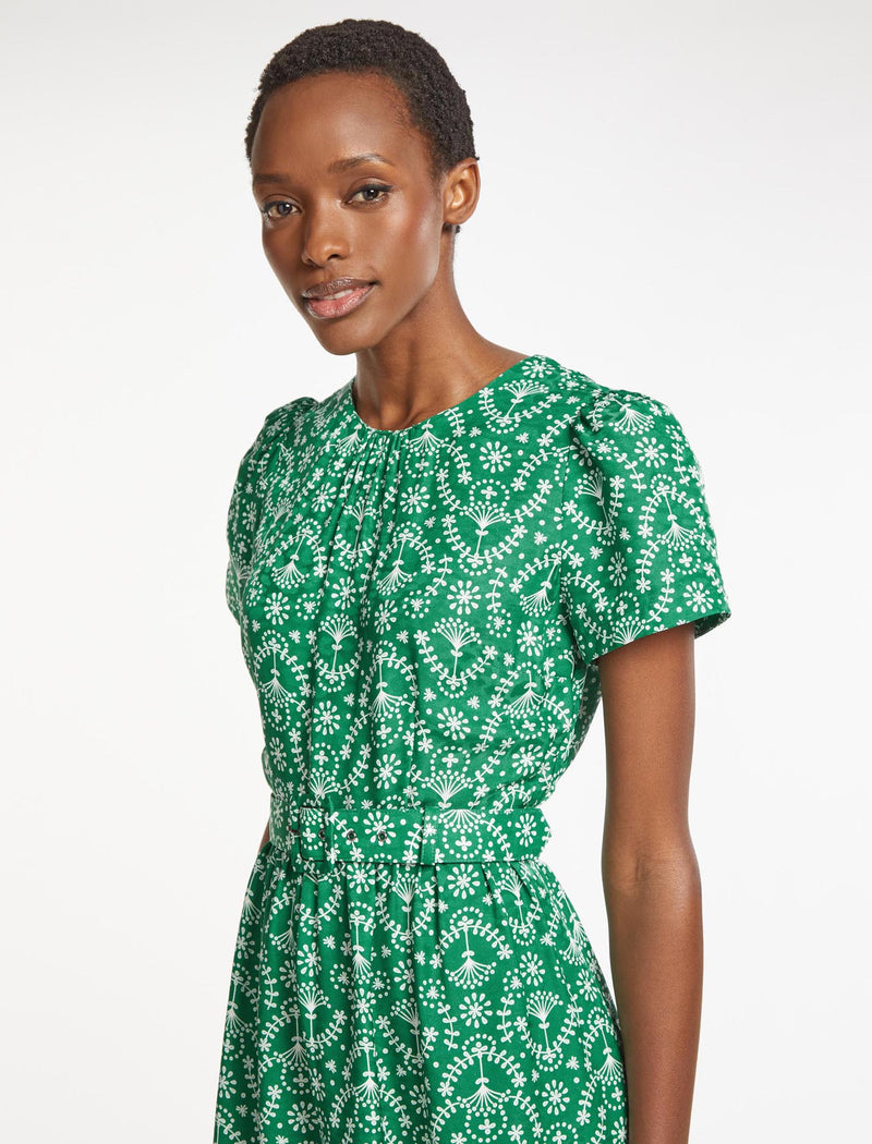 Nina Silk Blend Maxi Dress - Green Broderie Anglaise Print