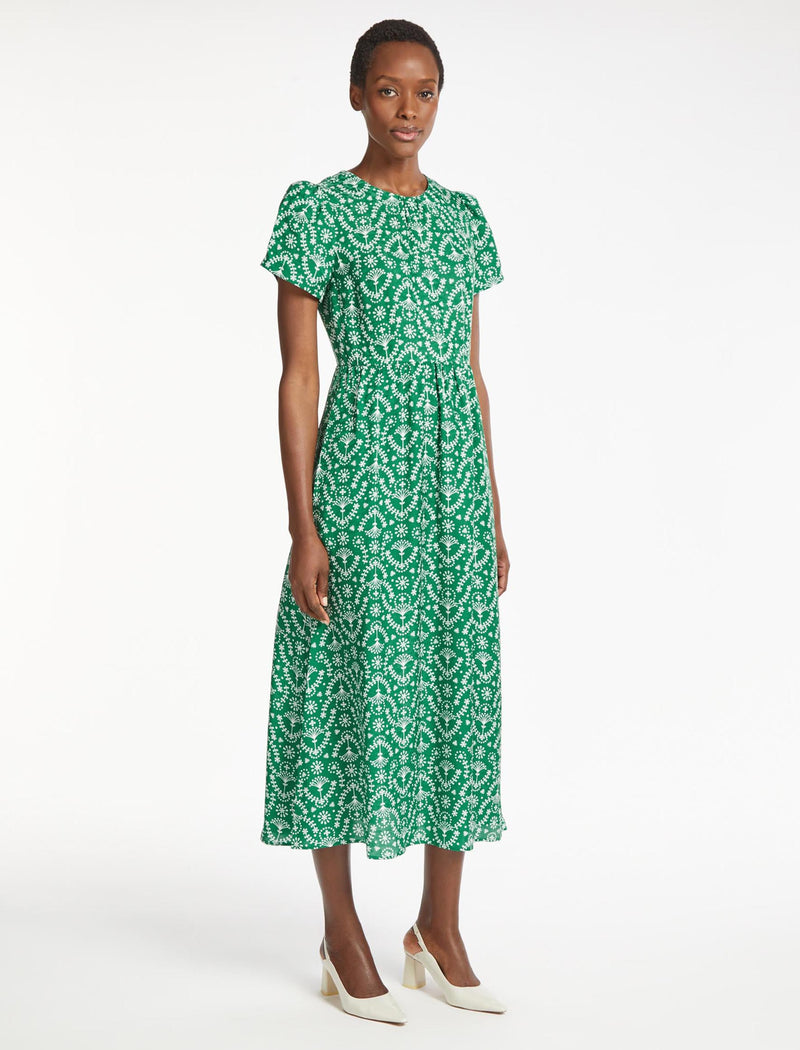 Nina Silk Blend Maxi Dress - Green Broderie Anglaise Print