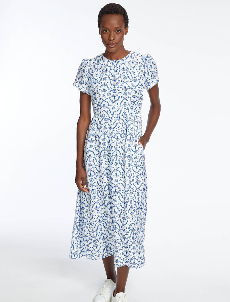 Nina Silk Blend Gathered Maxi Dress with Belt White Blue Broderie Anglaise Print