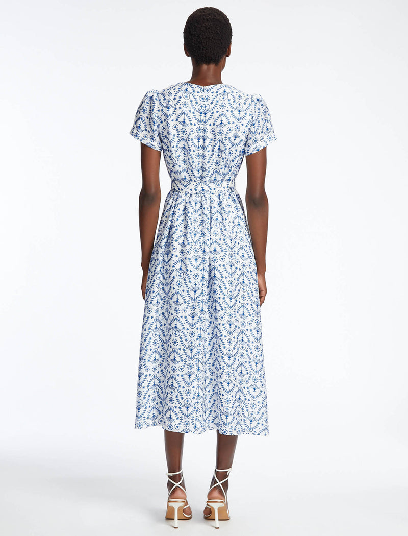 Nina Silk Blend Maxi Dress - White Blue Broderie Anglaise Print
