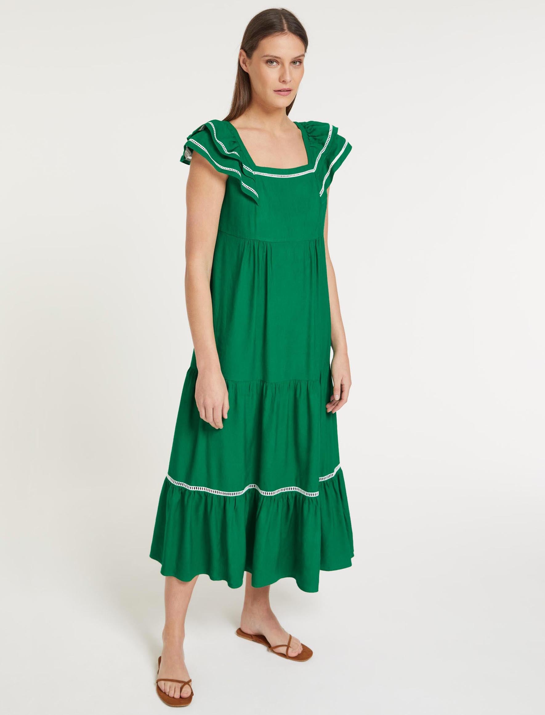 Bella Linen Blend Tiered Maxi Dress Emerald Green White
