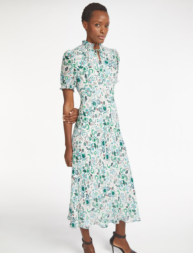 Irina Floral Printed Shirred Detail Bias Cut Maxi Dress White