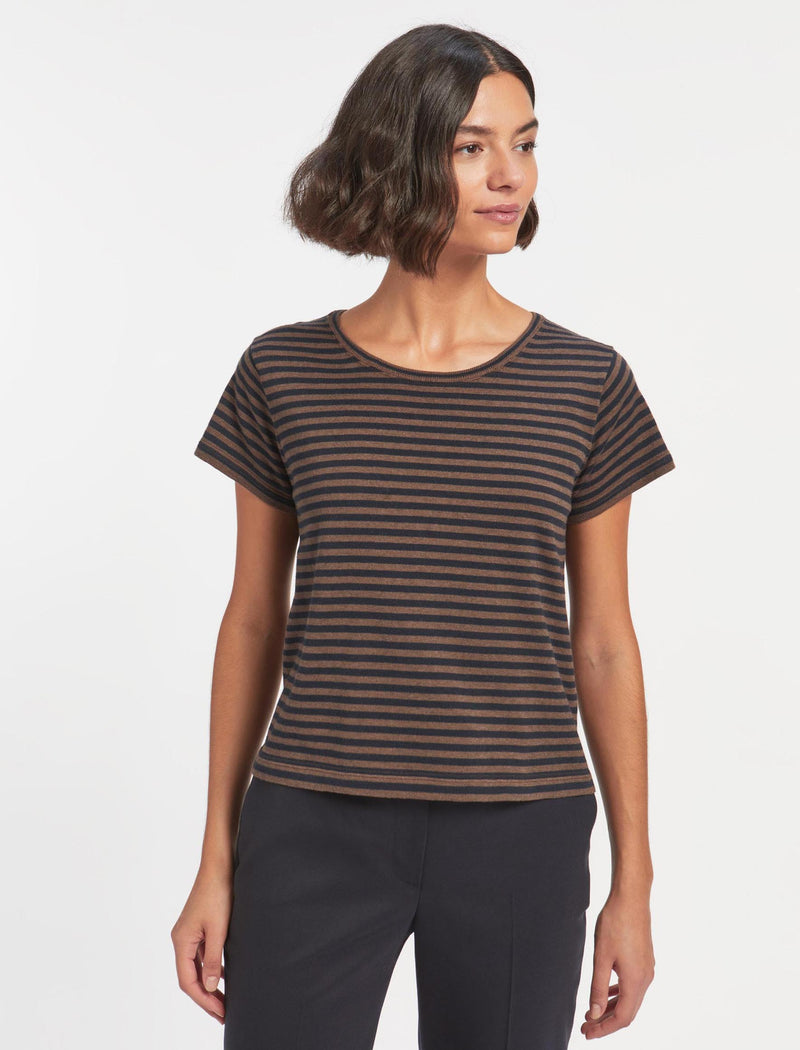 Madison Cotton Silk Blend Round Neck T-Shirt - Brown Navy Stripe