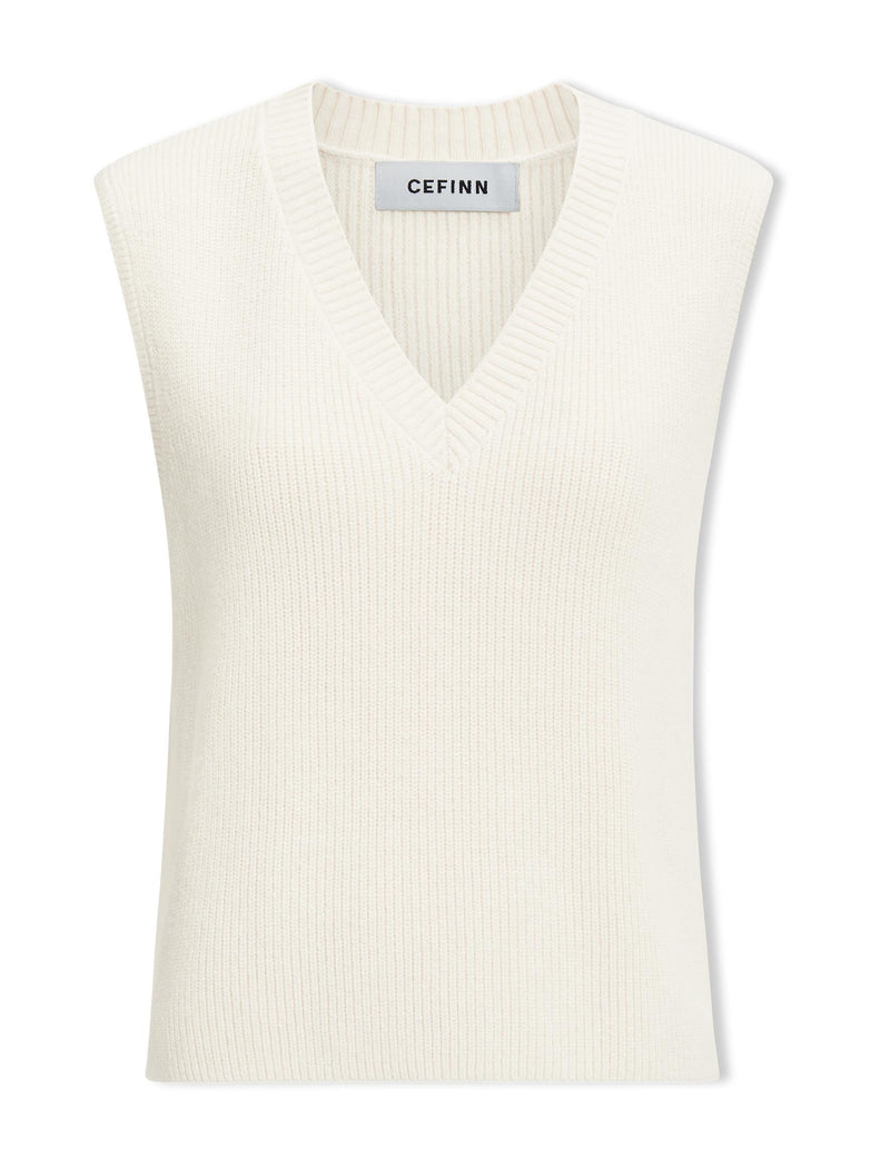 Julie Cotton V Neck Layering Sleeveless Jumper - Cream