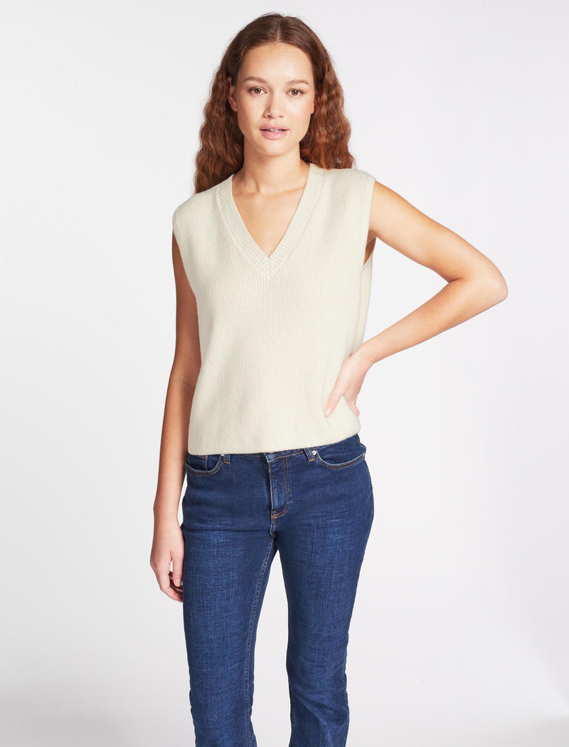 Julie Cotton V Neck Layering Sleeveless Jumper - Cream