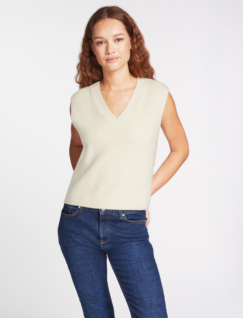 Julie Cotton V Neck Layering Sleeveless Jumper - Cream