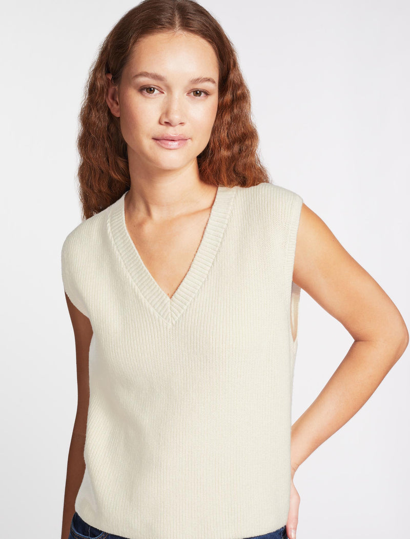 Julie Cotton V Neck Layering Sleeveless Jumper - Cream