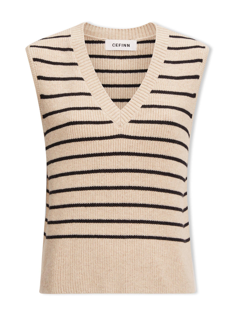 Julie Cotton V Neck Layering Sleeveless Jumper - Sand Black Stripe