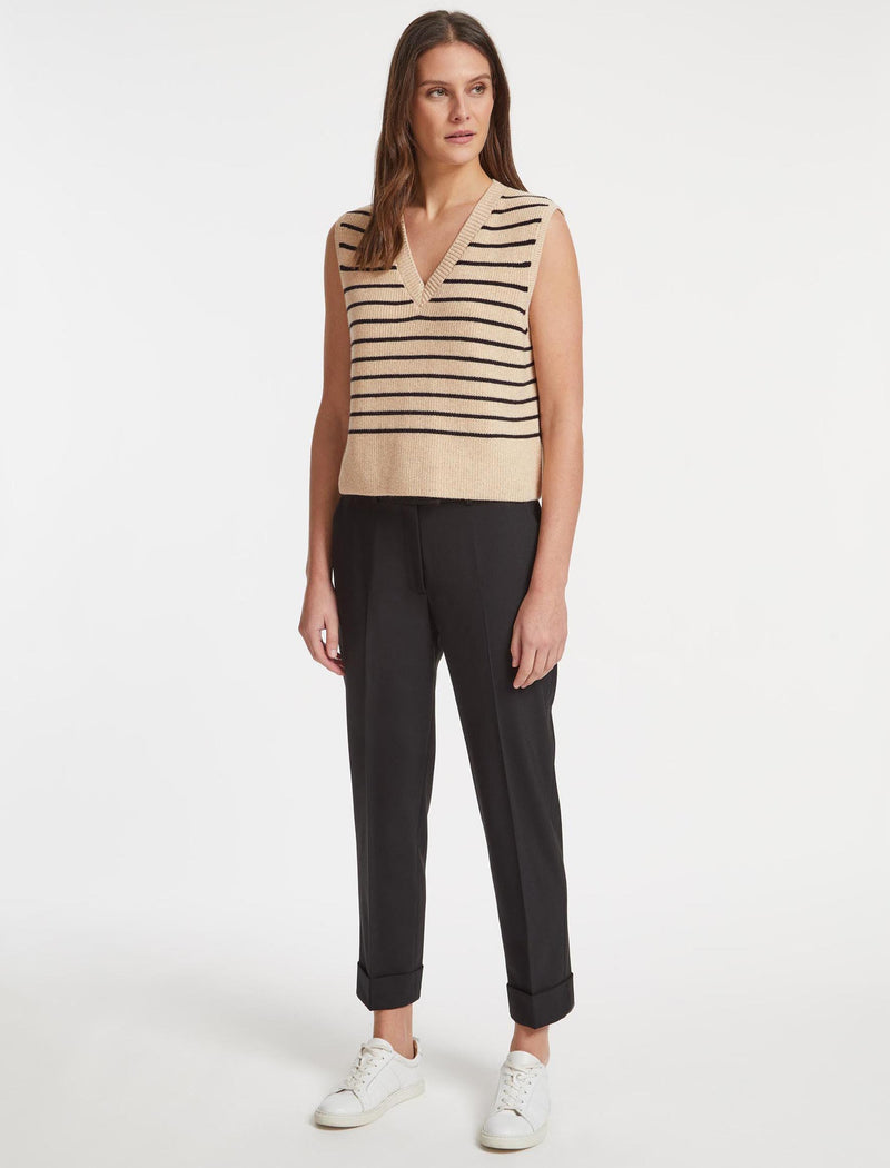 Julie Cotton V Neck Layering Sleeveless Jumper - Sand Black Stripe