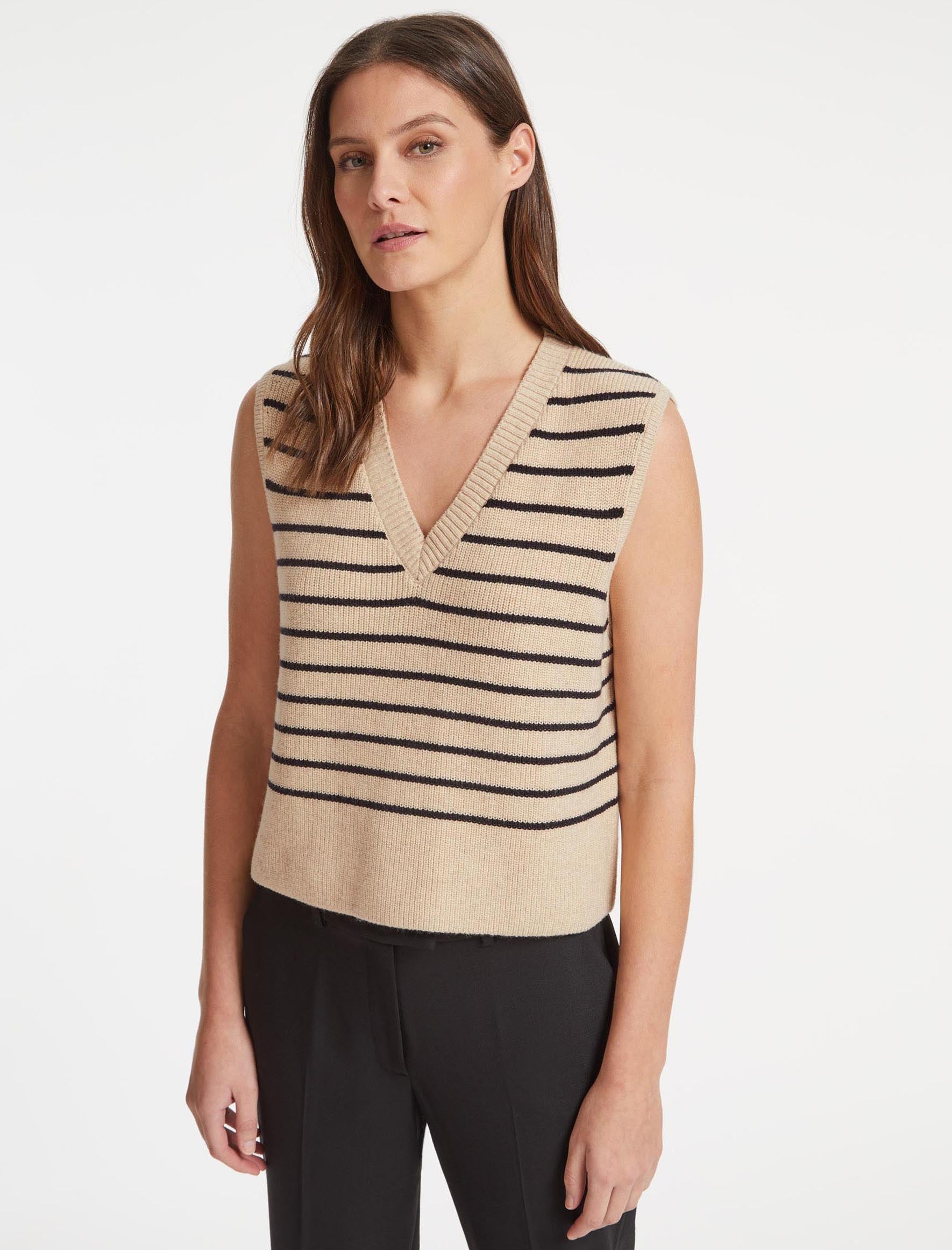 Julie Cotton V Neck Layering Sleeveless Jumper Sand Black Stripe