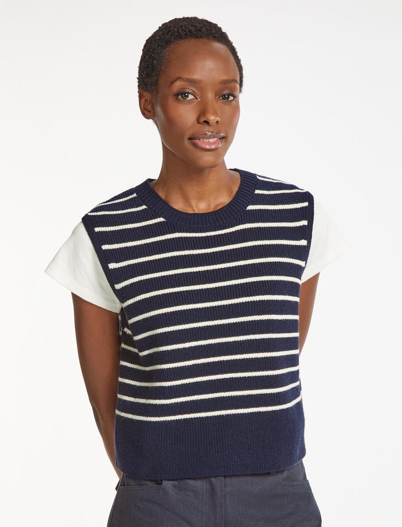 Julie Cotton Round Neck Sleeveless Jumper - Navy White Stripe