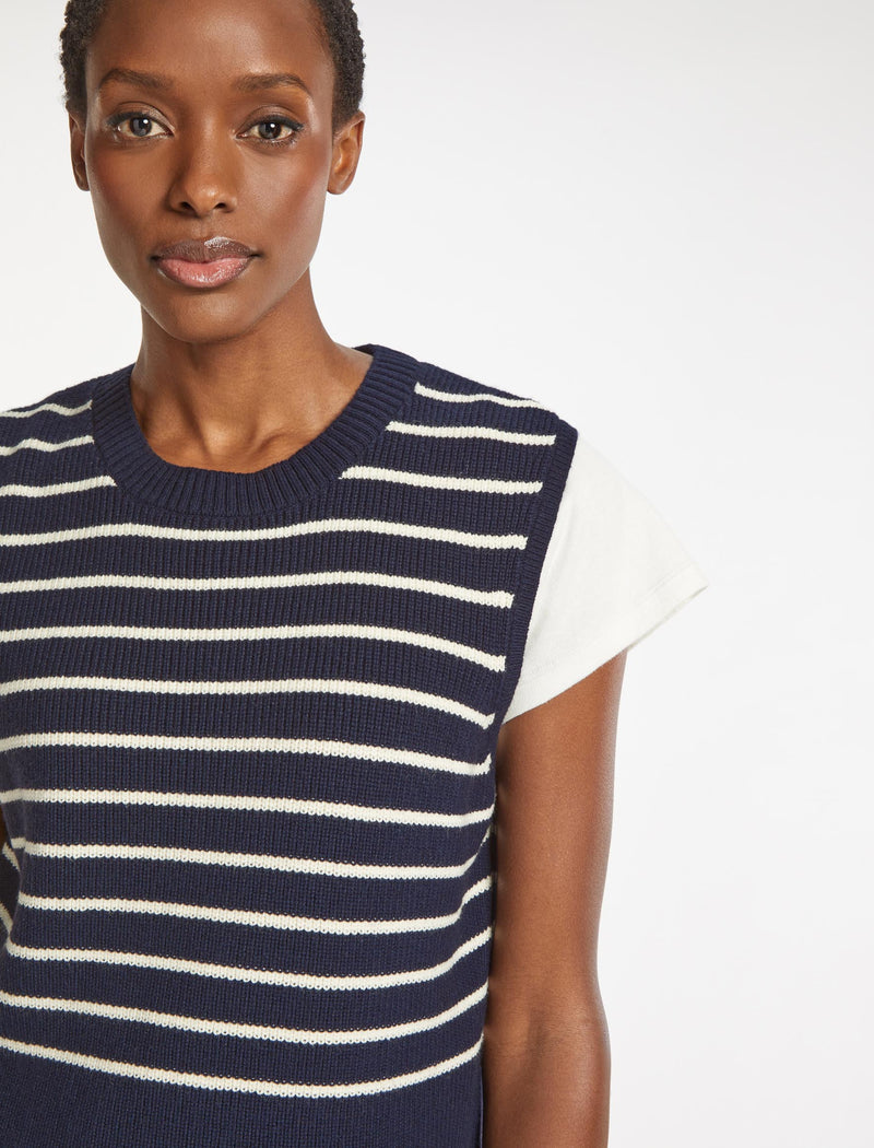 Julie Cotton Round Neck Sleeveless Jumper - Navy White Stripe