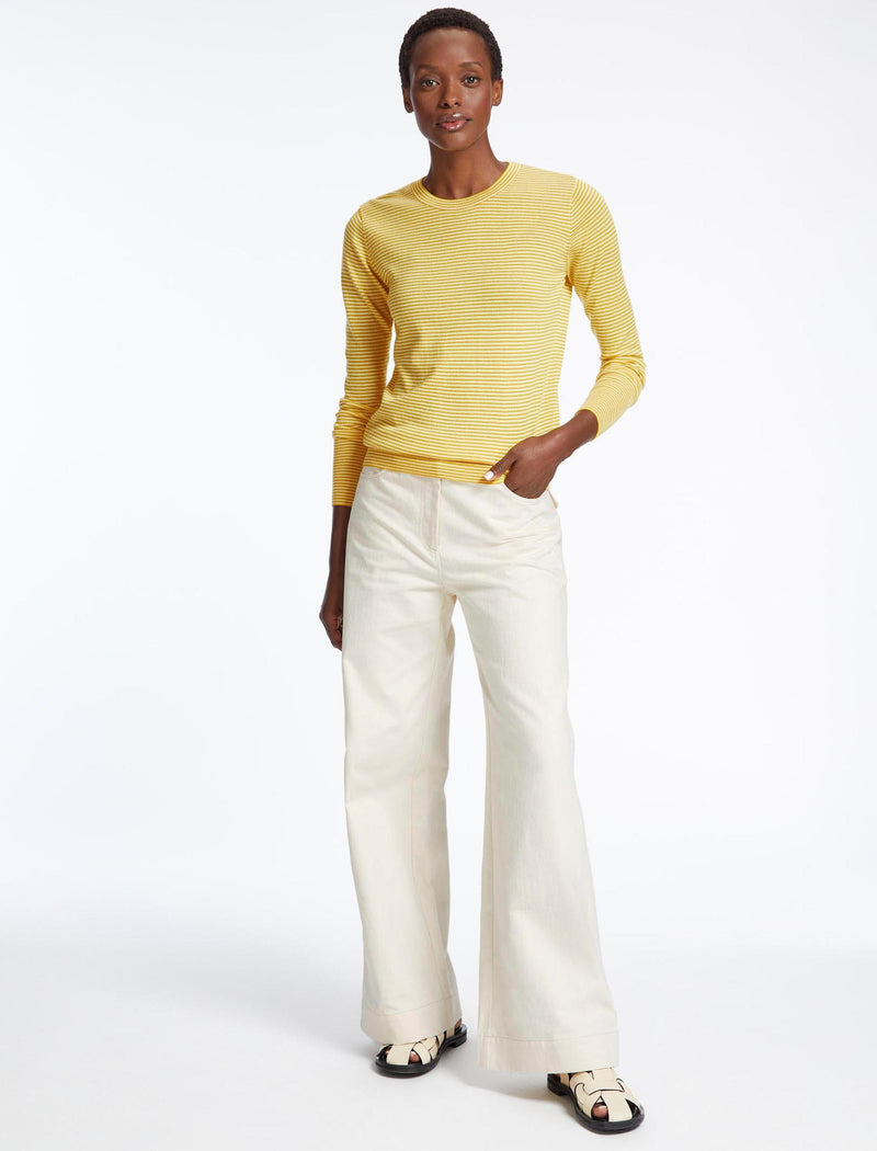 Jodi Cotton Merino Blend Fine Knit Jumper Mustard Yellow Cream Stripe