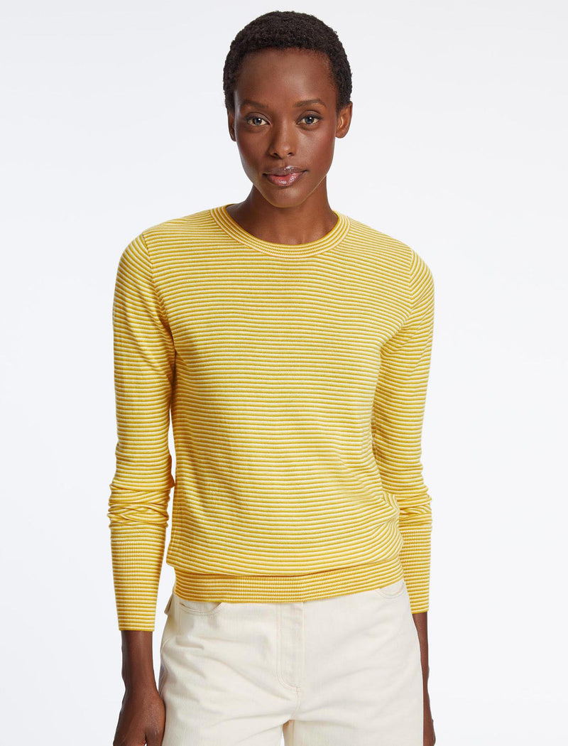 Jodi Cotton Merino Blend Fine Knit Jumper - Mustard Yellow Cream Stripe