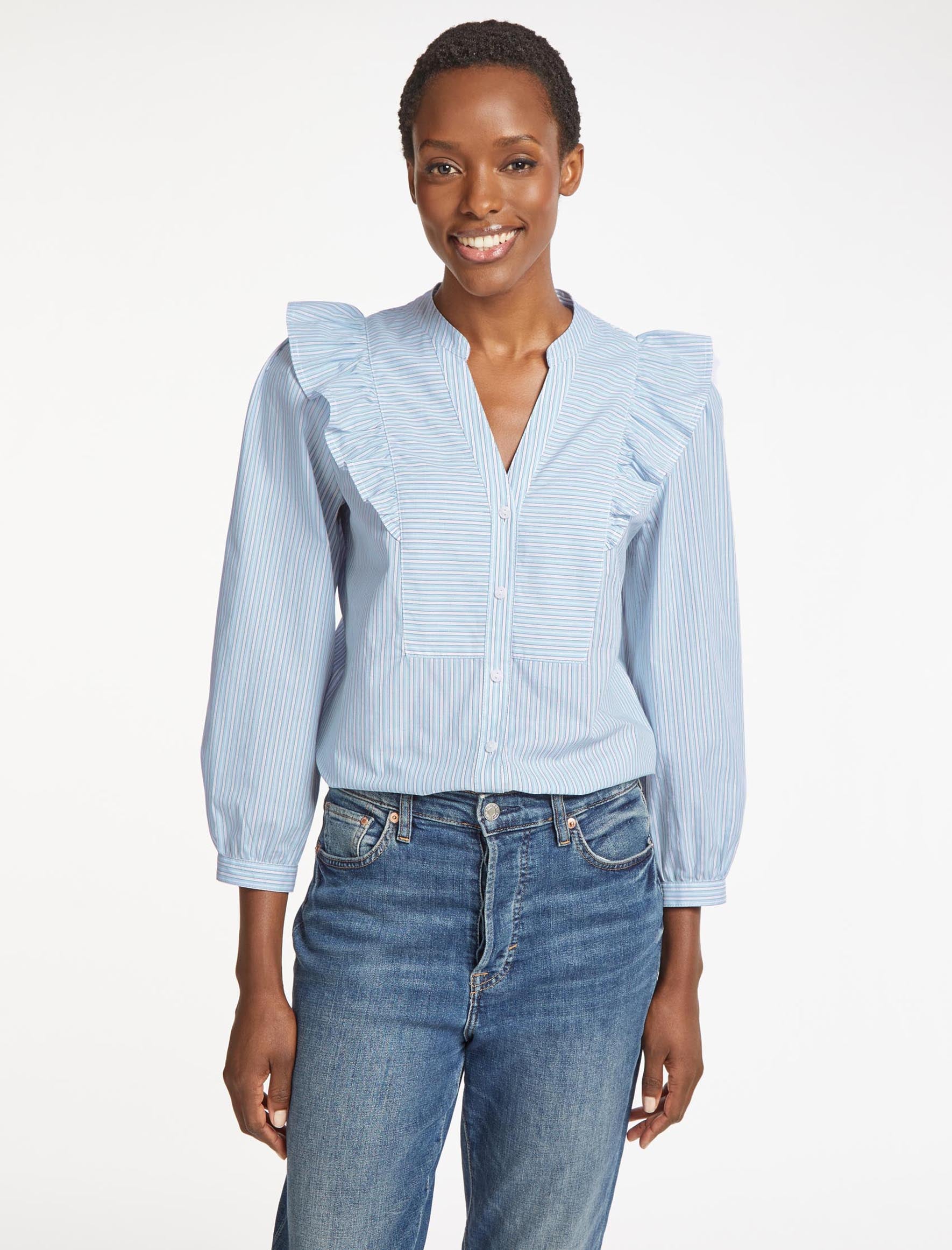 Dixie V Neck Long Sleeve Frill Shoulder Shirt Mid Blue White Stripe