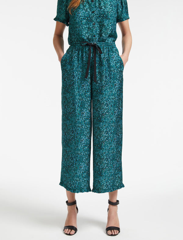 Rosa Silk Blend Trouser - Turquoise Blue Leopard Pansy Print