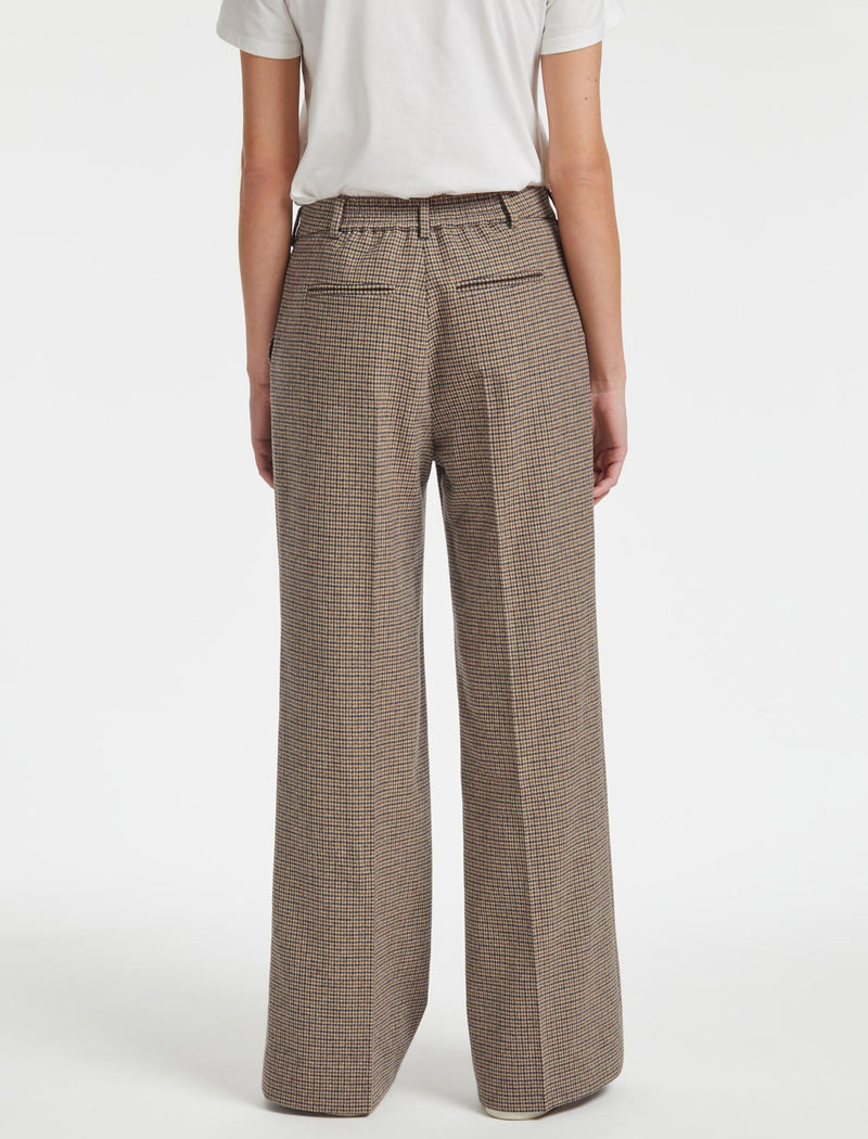 Terence Wool Wide Leg Trouser - Brown Navy Cream Check