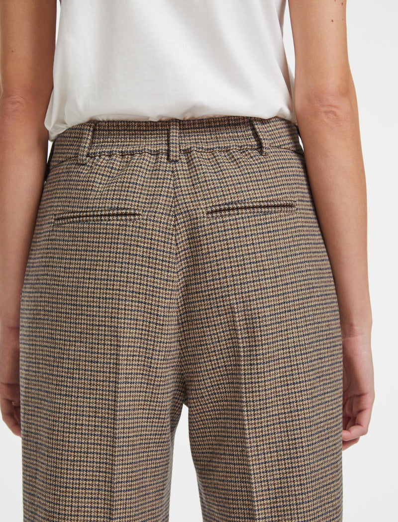 Terence Wool Wide Leg Trouser - Brown Navy Cream Check
