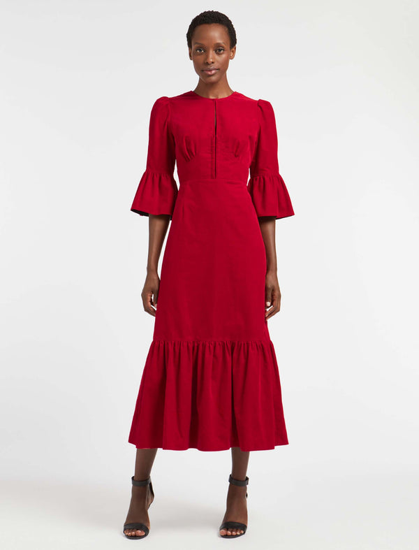 Daphne Pin Corduroy Round Neck Maxi Dress - Red