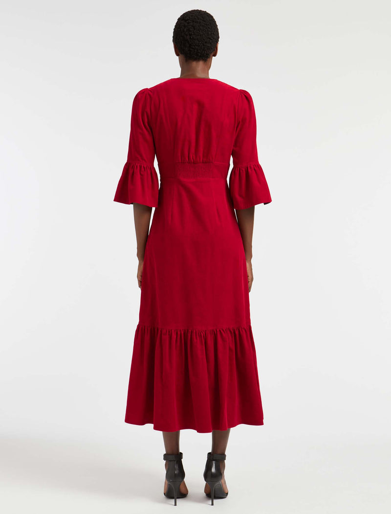 Daphne Pin Corduroy Round Neck Maxi Dress - Red