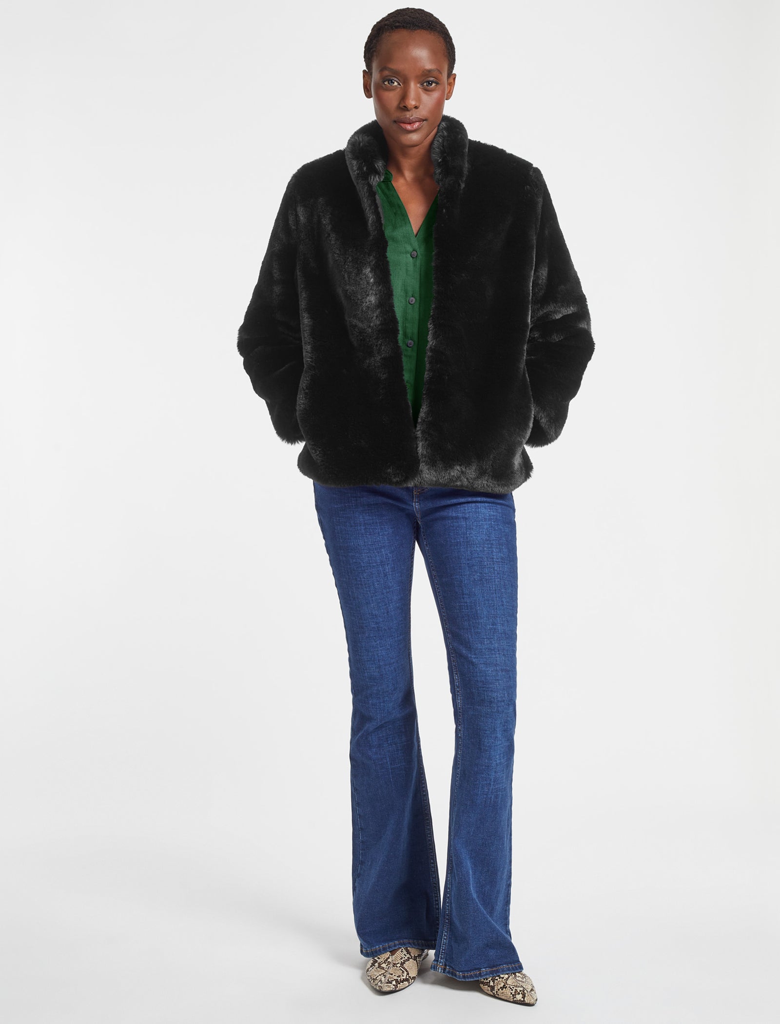 Black denim faux fur jacket best sale