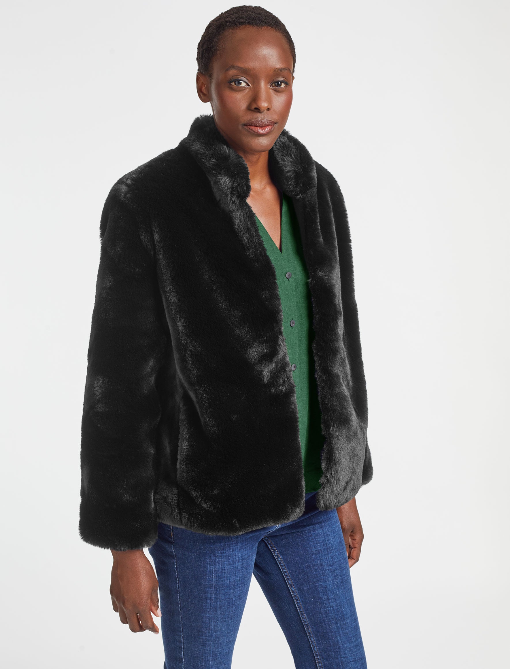 Carly Cropped Faux Fur Coat in Black