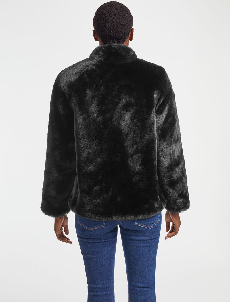Carly Cropped Faux Fur Coat in Black