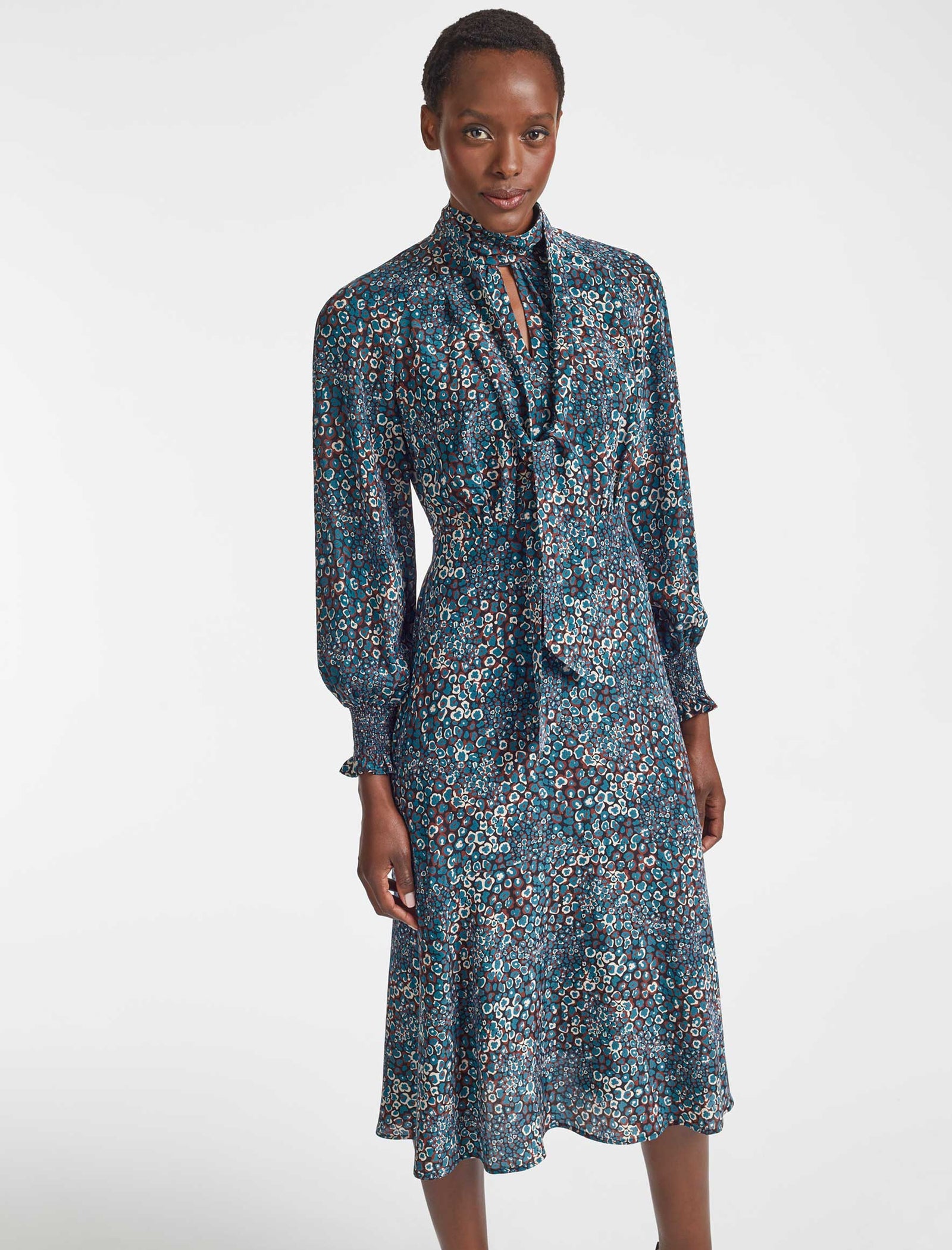 Dakota Silk Long Sleeve Midi Dress with Scarf and Keyhole Neckline in Beige Blue Leopard Pansy Print