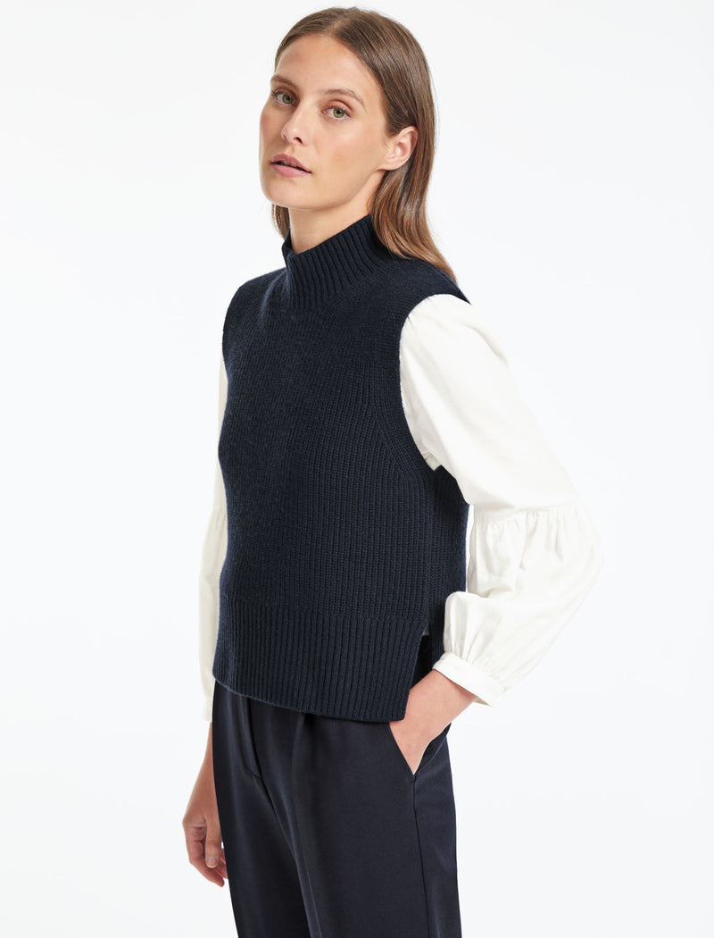 Janie Sleeveless Funnel Neck Jumper - Navy