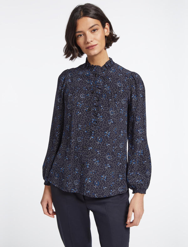 Amelie Silk Blouse - Navy Blue Wiggle Print
