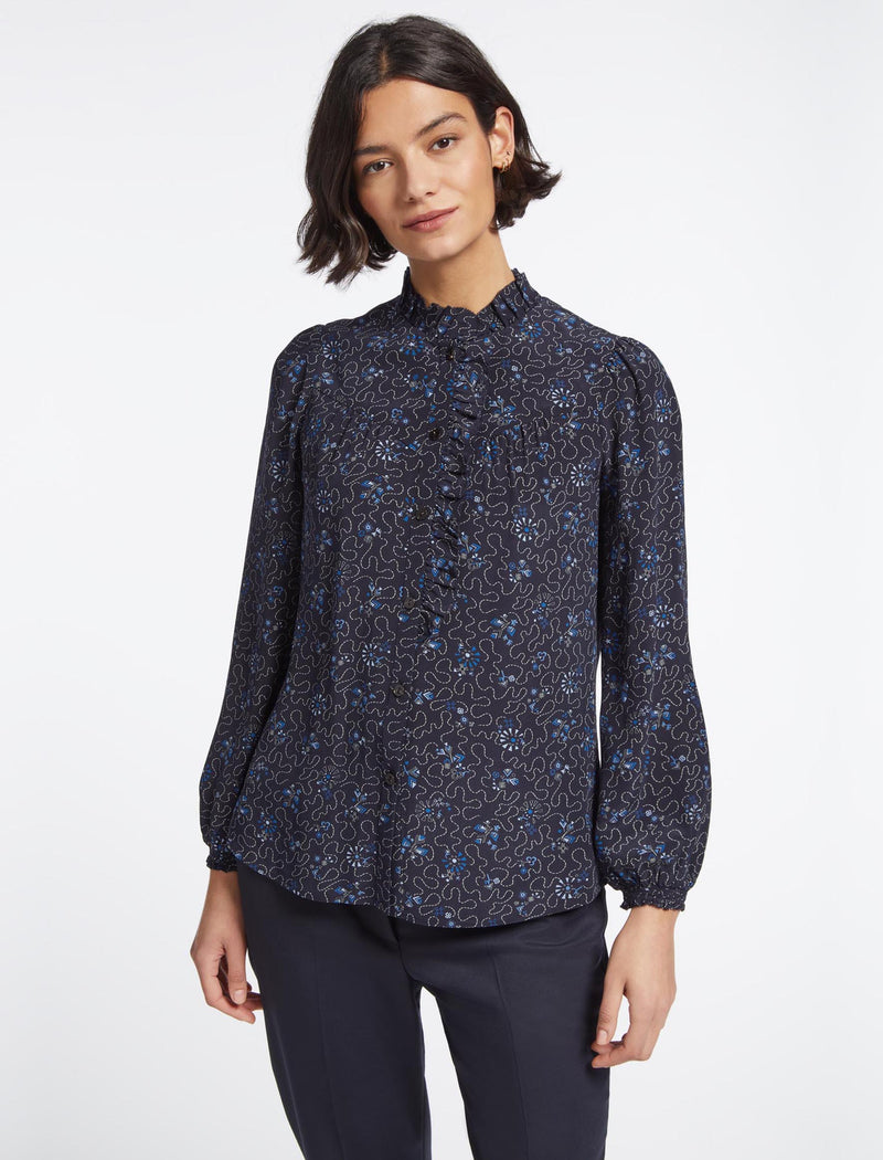 Amelie Silk Blouse - Navy Blue Wiggle Print