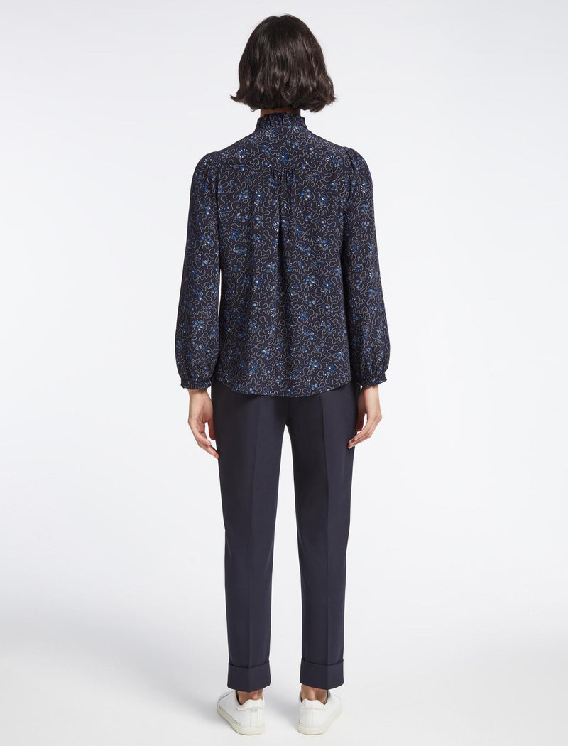 Amelie Silk Blouse - Navy Blue Wiggle Print