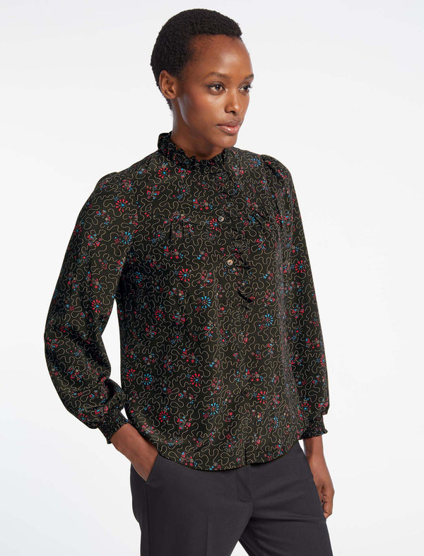 Amelie Silk Blouse - Red Blue Wiggle Print