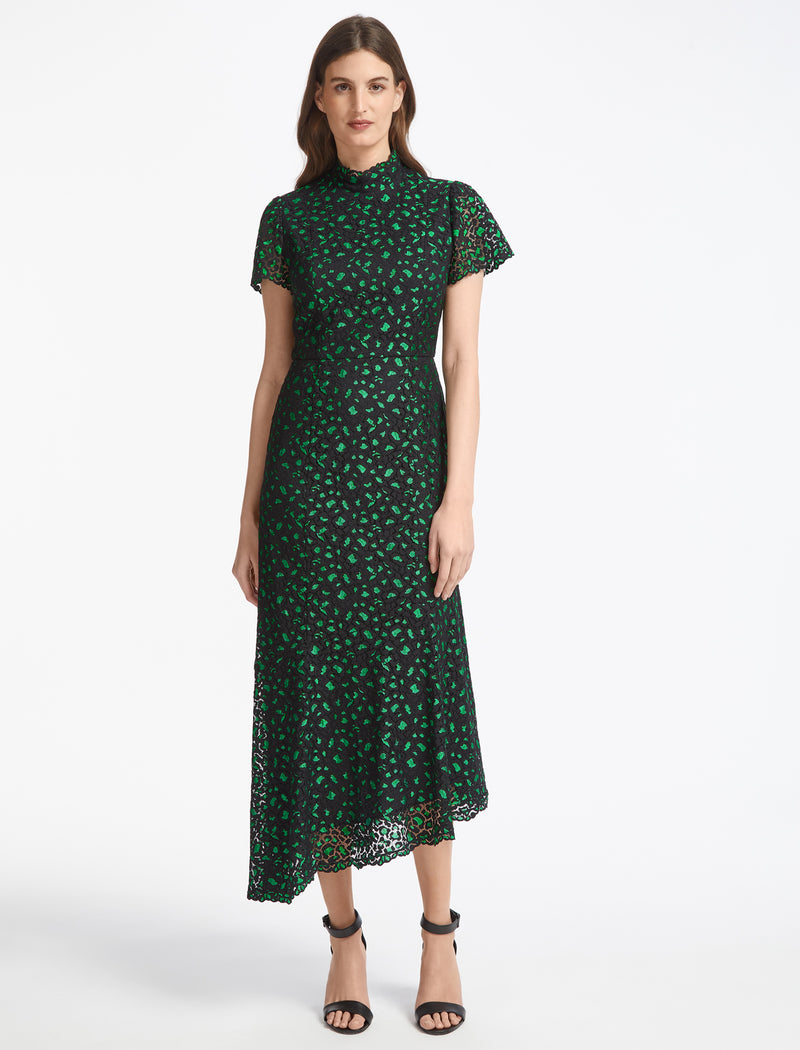 Kayla Lace Funnel Neck Asymmetric Maxi Dress In Green Black