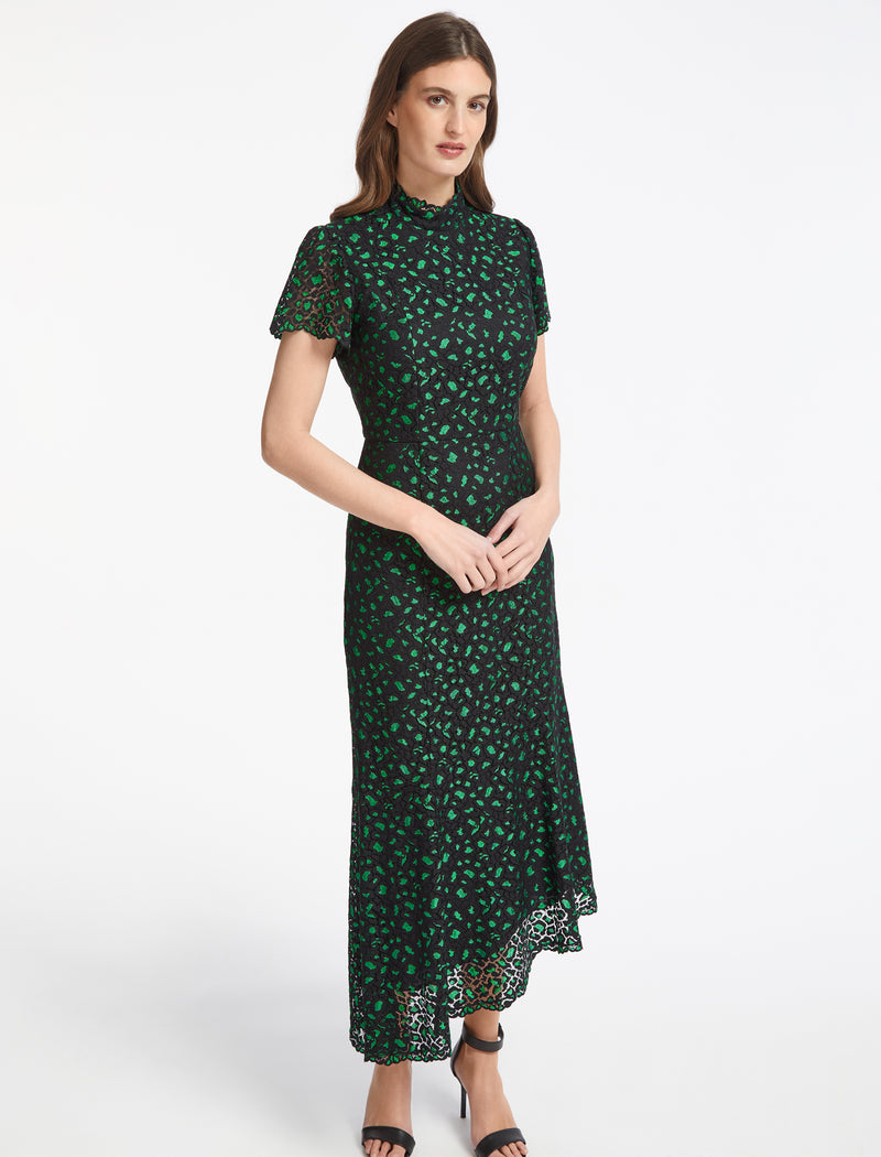Kayla Lace Asymmetric Dress - Emerald Green Black