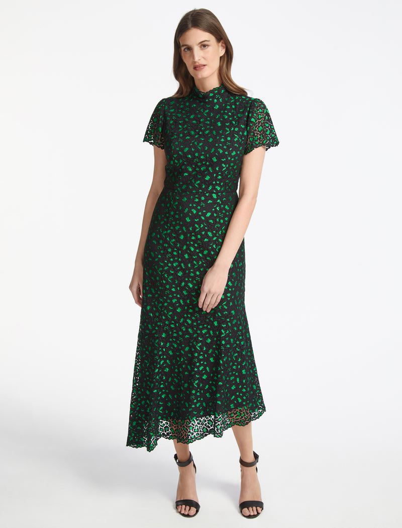 Kayla Lace Asymmetric Dress - Emerald Green Black