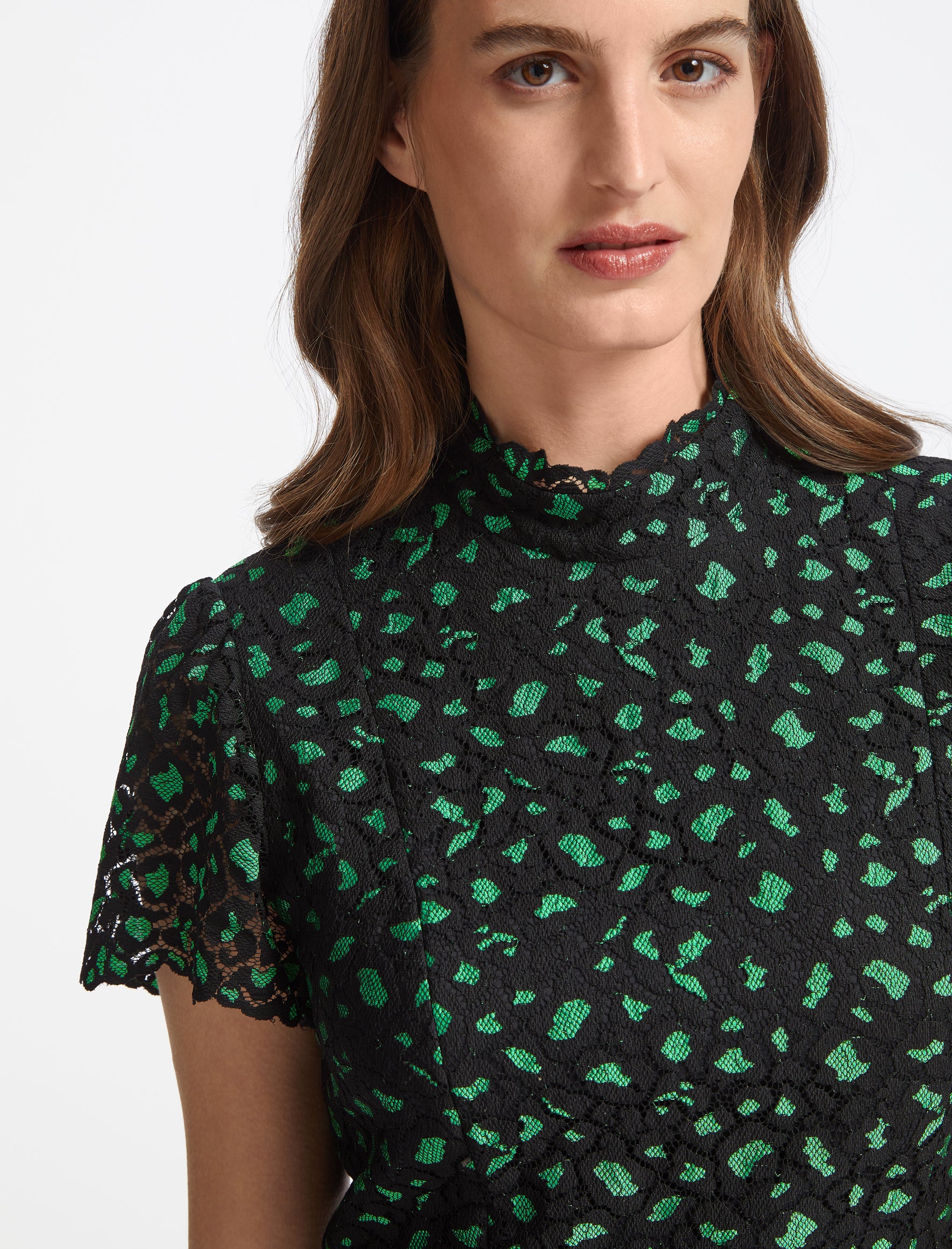 Kayla Lace Funnel Neck Asymmetric Maxi Dress In Green Black