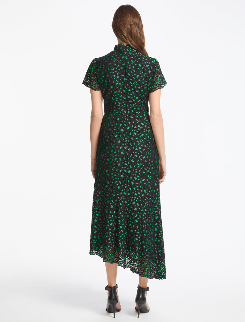 Kayla Lace Asymmetric Dress - Emerald Green Black