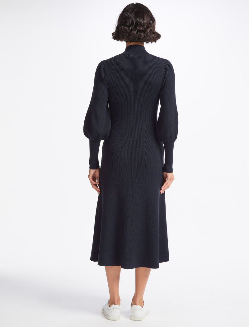 Eva Wool Blouson Sleeve Fit And Flare Merino Knit Dress In Navy