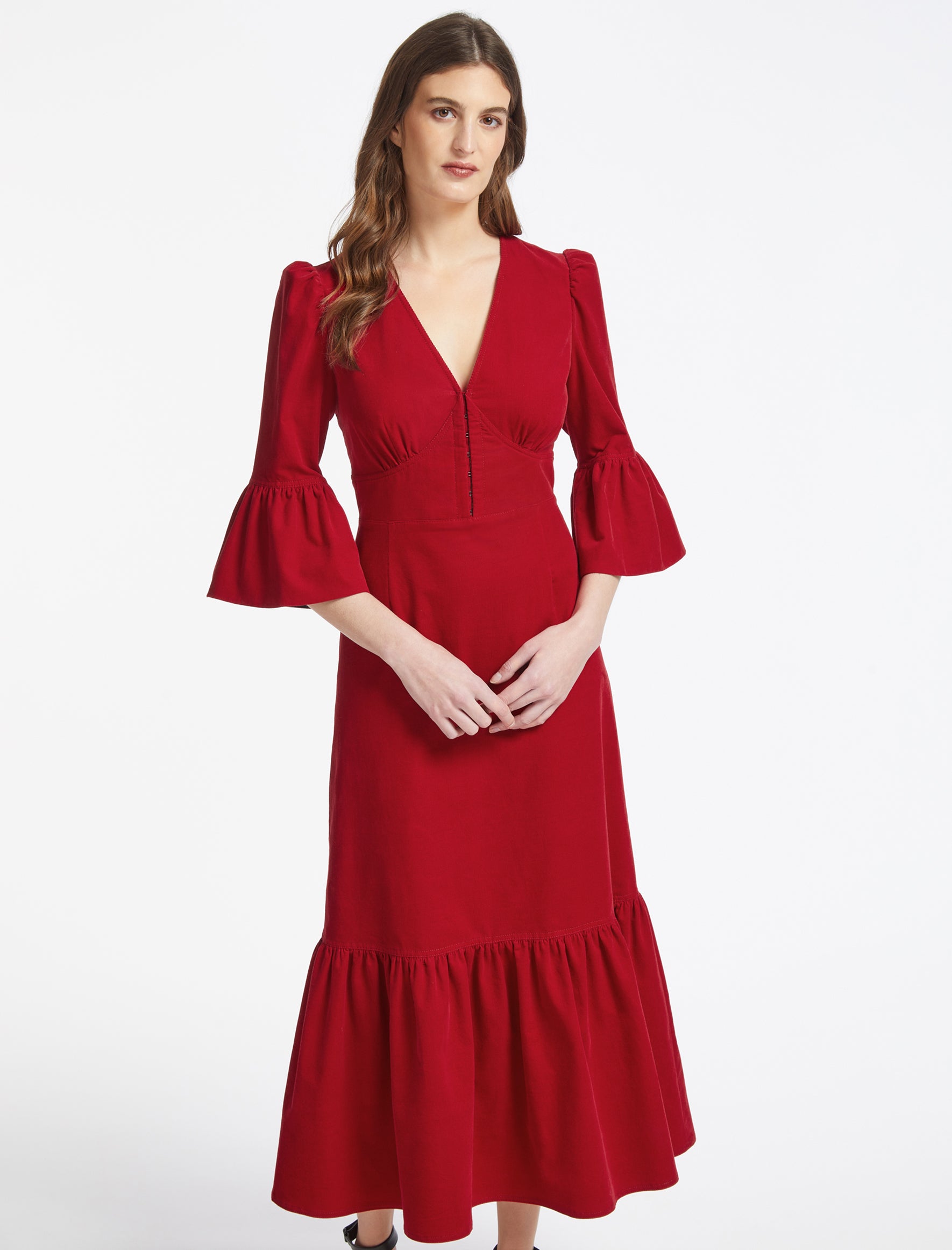Daphne Pin Corduroy V Neck Maxi Dress In Red With 3 4 Length Gathered ...