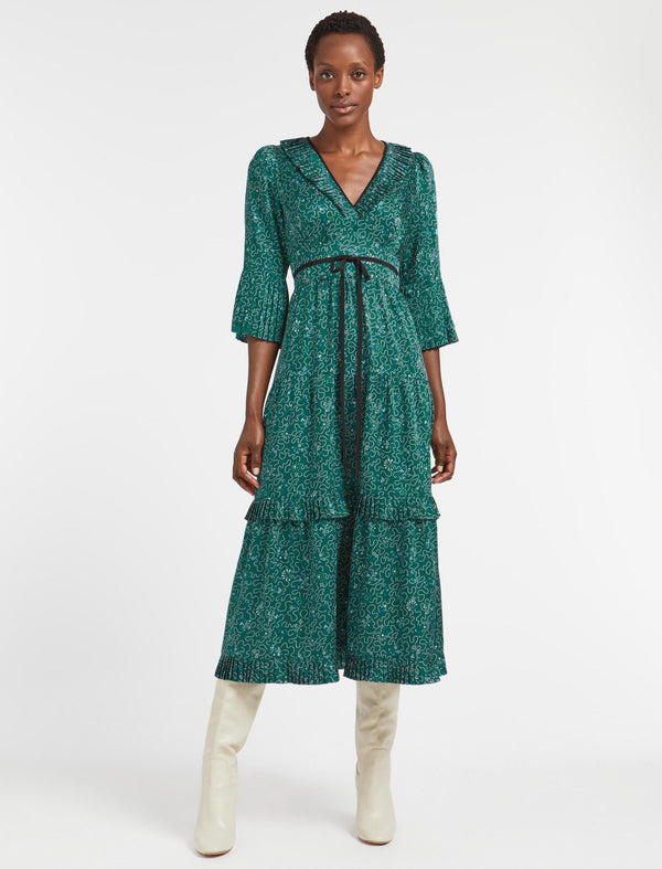 Cordelia V Neck Maxi Dress - Green White Wiggle Print