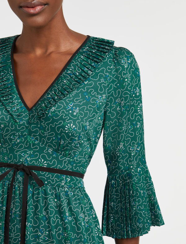 Cordelia V Neck Maxi Dress - Green White Wiggle Print