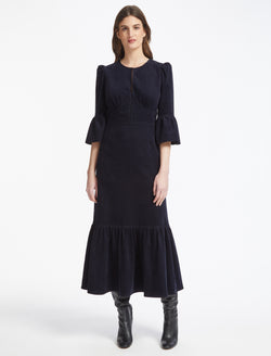 Daphne Pin Corduroy Round Neck Maxi Dress - Navy
