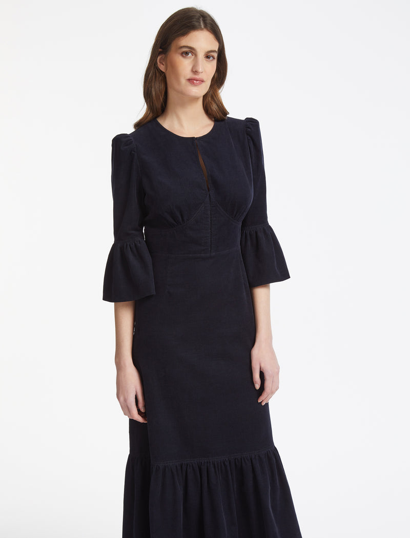 Daphne Pin Corduroy Round Neck Maxi Dress - Navy